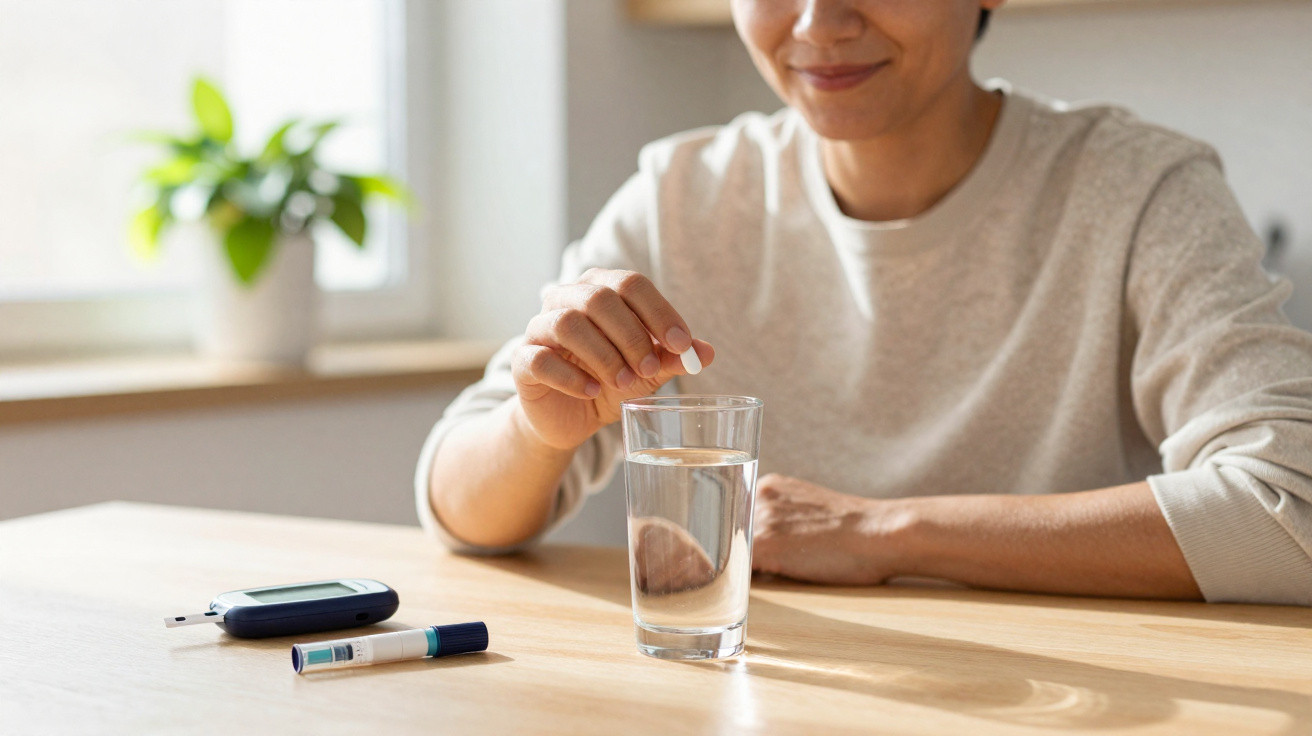 Pessoa a colocar um comprimido num copo de água, com dispositivo para medir glicose sobre a mesa.