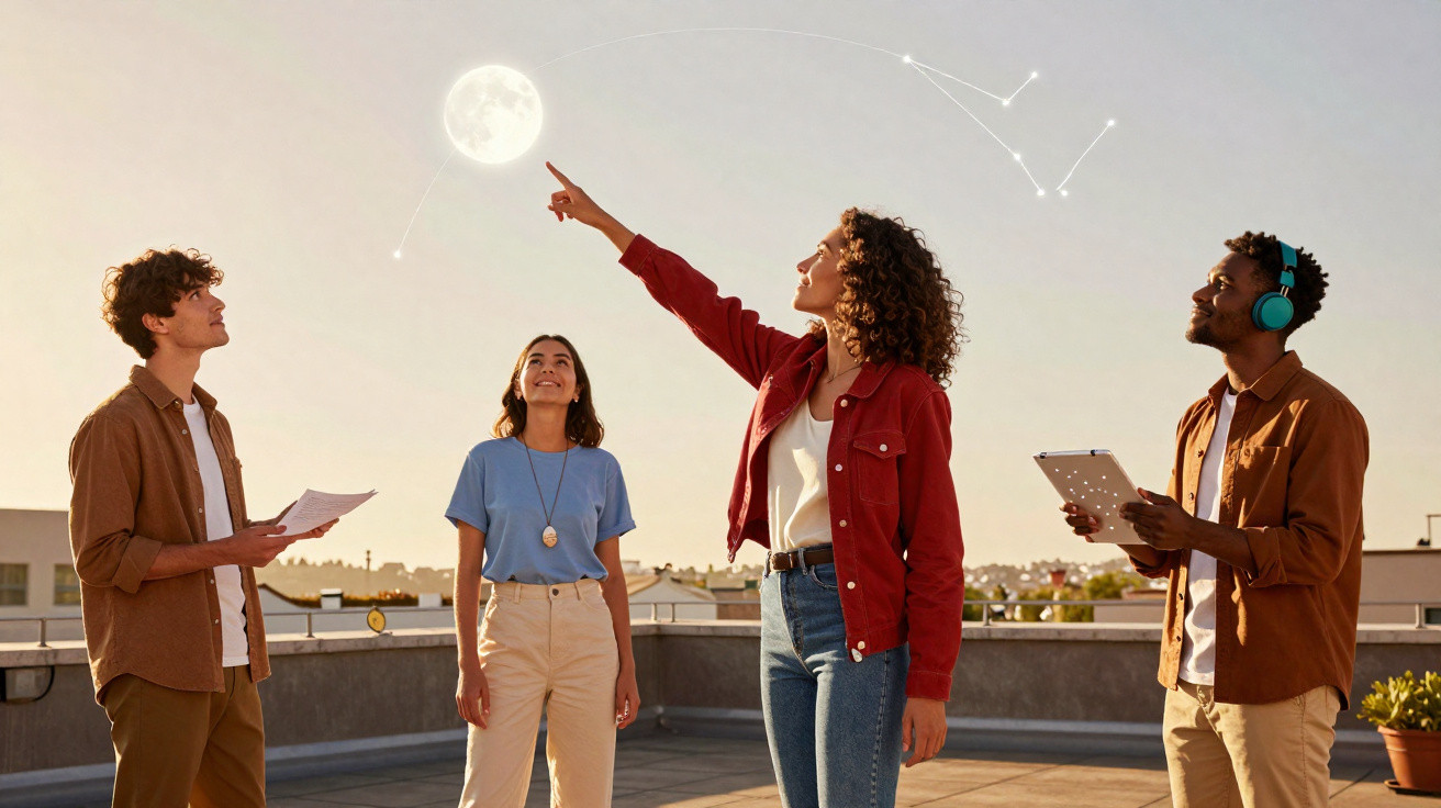Quatro jovens observam a lua com constelações digitais desenhadas no céu durante o pôr do sol.