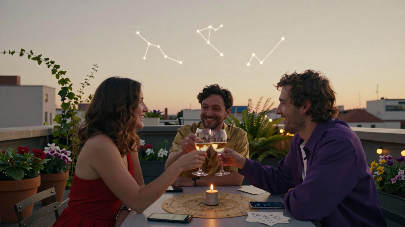 Três amigos brindam com vinho branco numa mesa exterior ao entardecer com constelações desenhadas no céu.