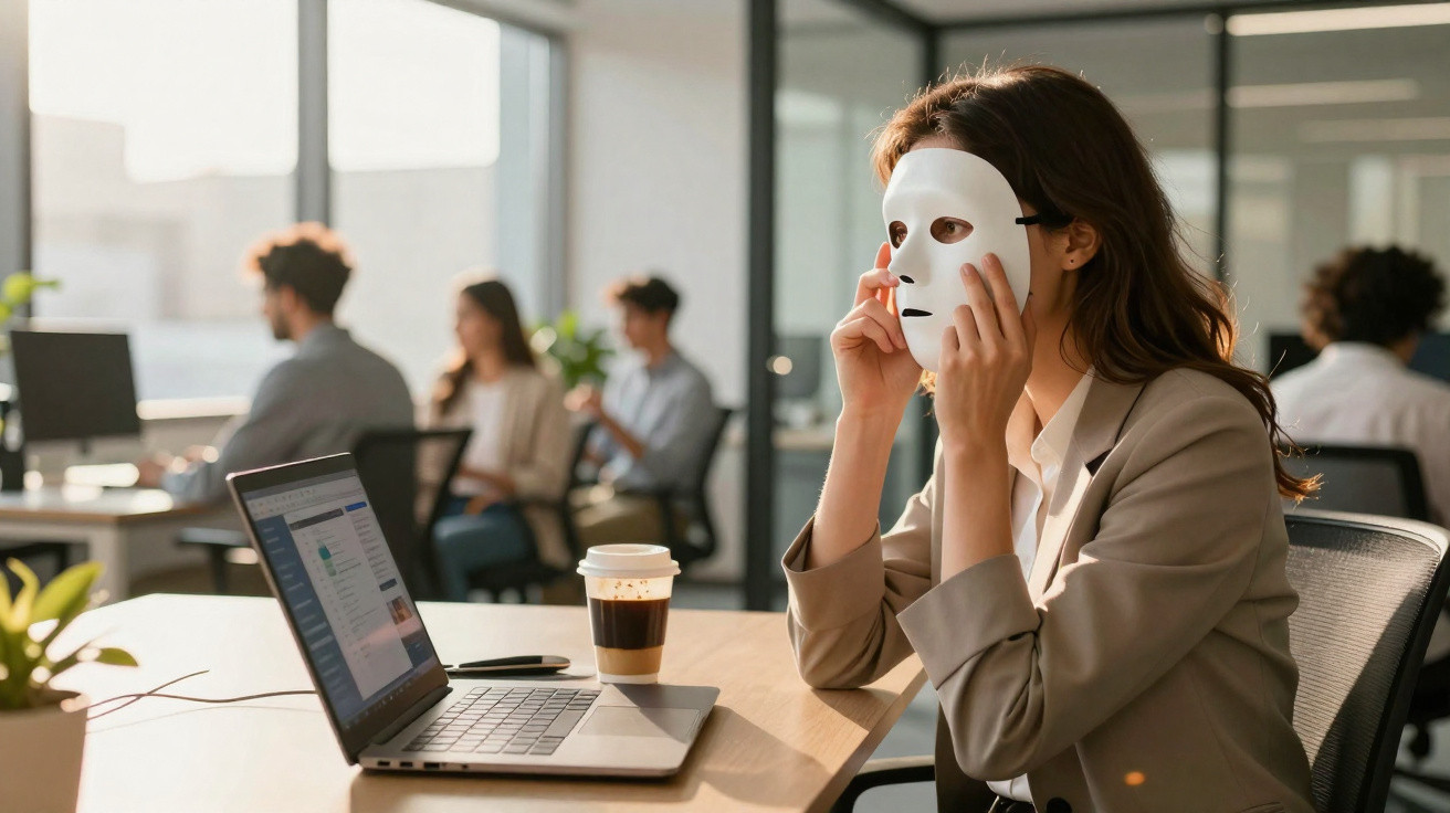 Mulher de negócios em escritório moderno colocando máscara branca enquanto trabalha num portátil.