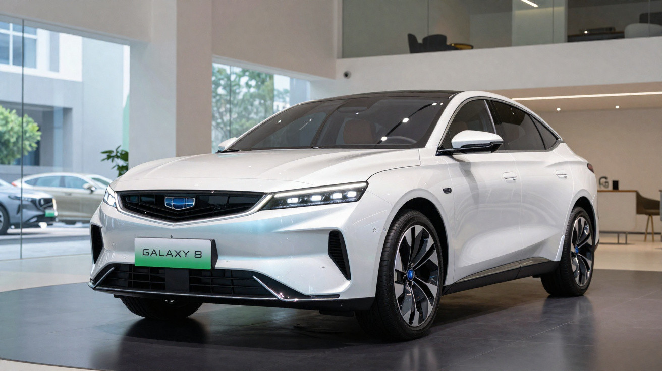 Carro elétrico branco Geely Galaxy 8 em exposição moderna com jantes aerodinâmicas e iluminação LED.
