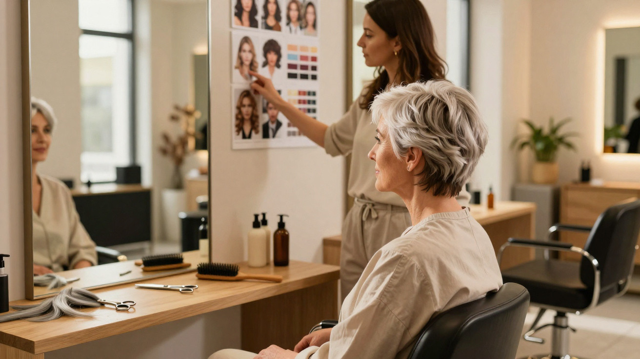 Pessoa com cabelo cinza sentada em cabeleireiro, enquanto profissional aponta para um cartaz de estilos de cabelo.