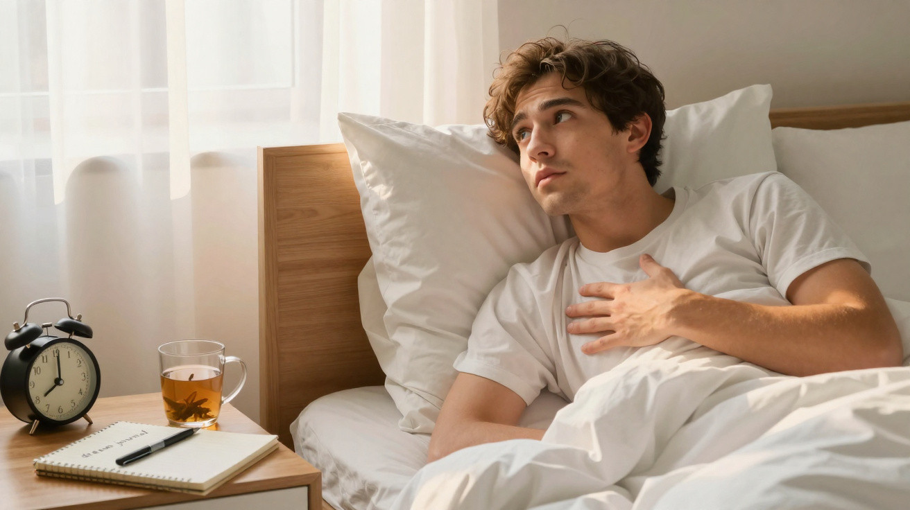 Homem jovem na cama com expressão preocupada, de mão no peito, ao lado de mesa com despertador e chá.