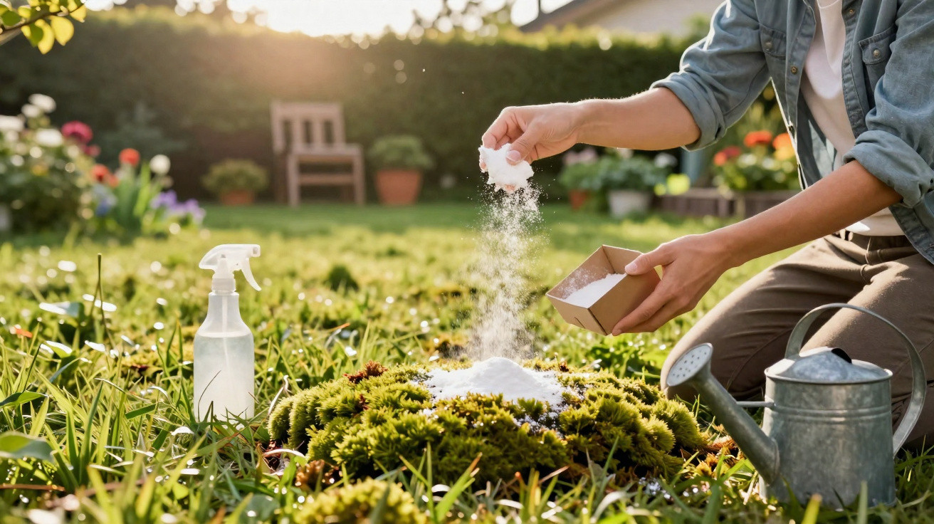 Pessoa a polvilhar pó branco numa planta num jardim com regador e pulverizador ao lado ao pôr do sol.