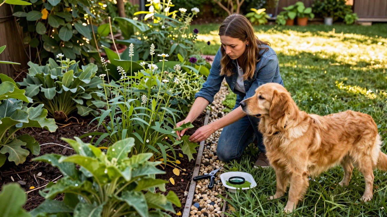 Mulher a cuidar das plantas numa horta doméstica, com um cão dourado ao seu lado no jardim.