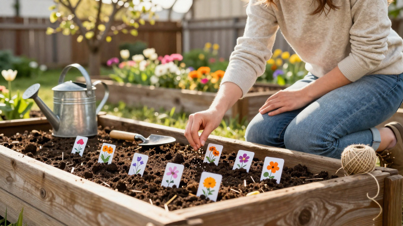 Pessoa a plantar sementes num canteiro elevado com etiquetas coloridas a indicar flores, regador e ferramentas de jardinagem.