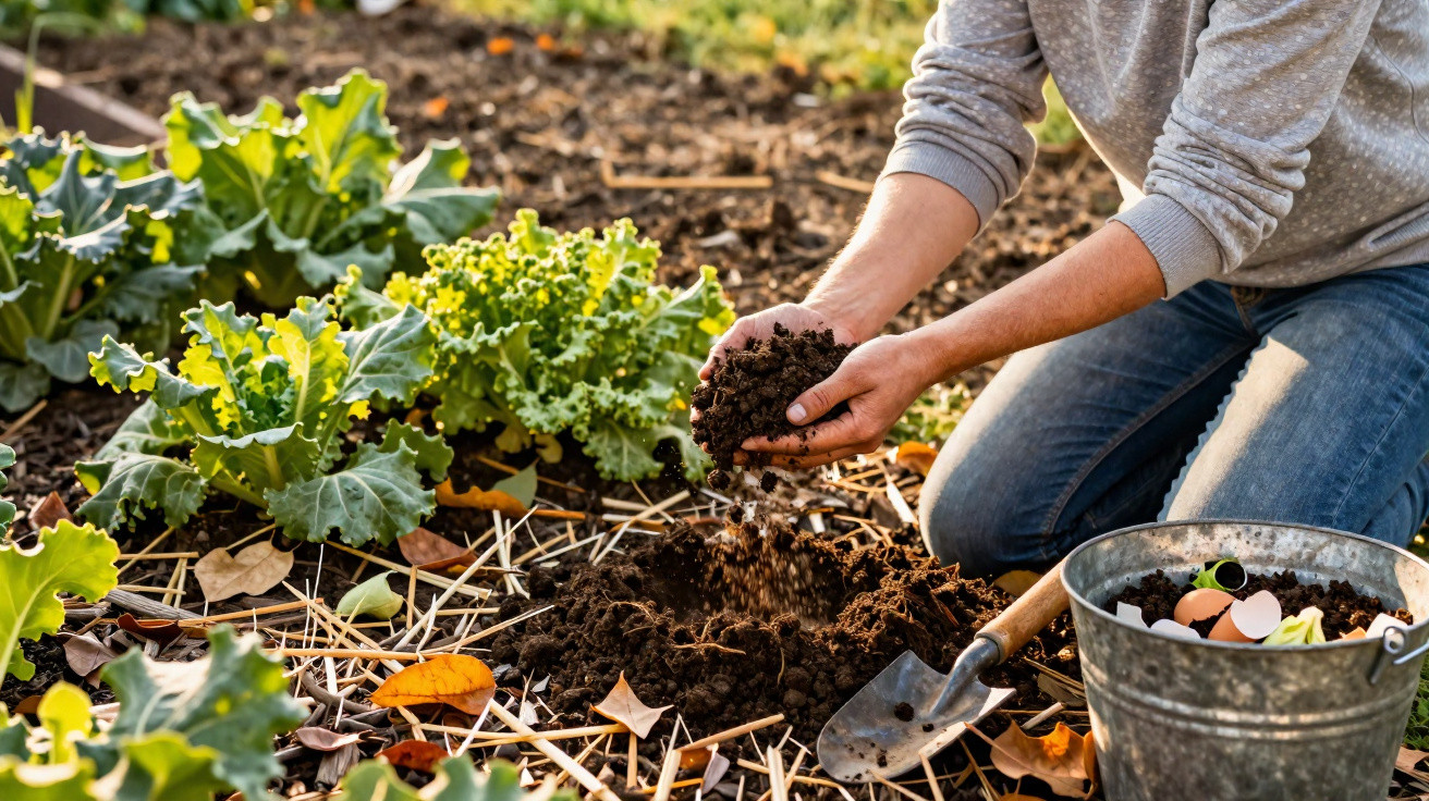 Pessoa a preparar o solo com terra e composto numa horta com plantas verdes crescentes.