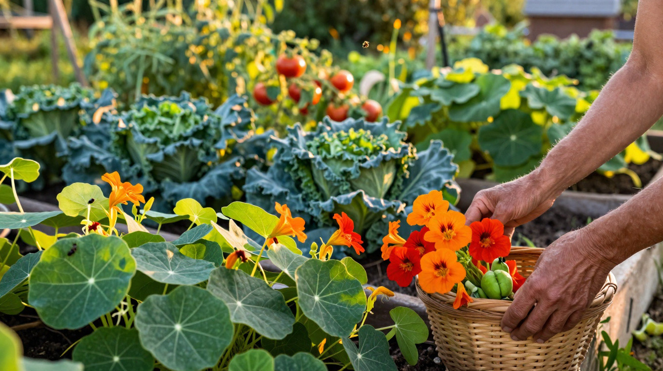 Pessoa colhendo flores e legumes num jardim com tomateiros e couves ao fundo, em dia ensolarado.