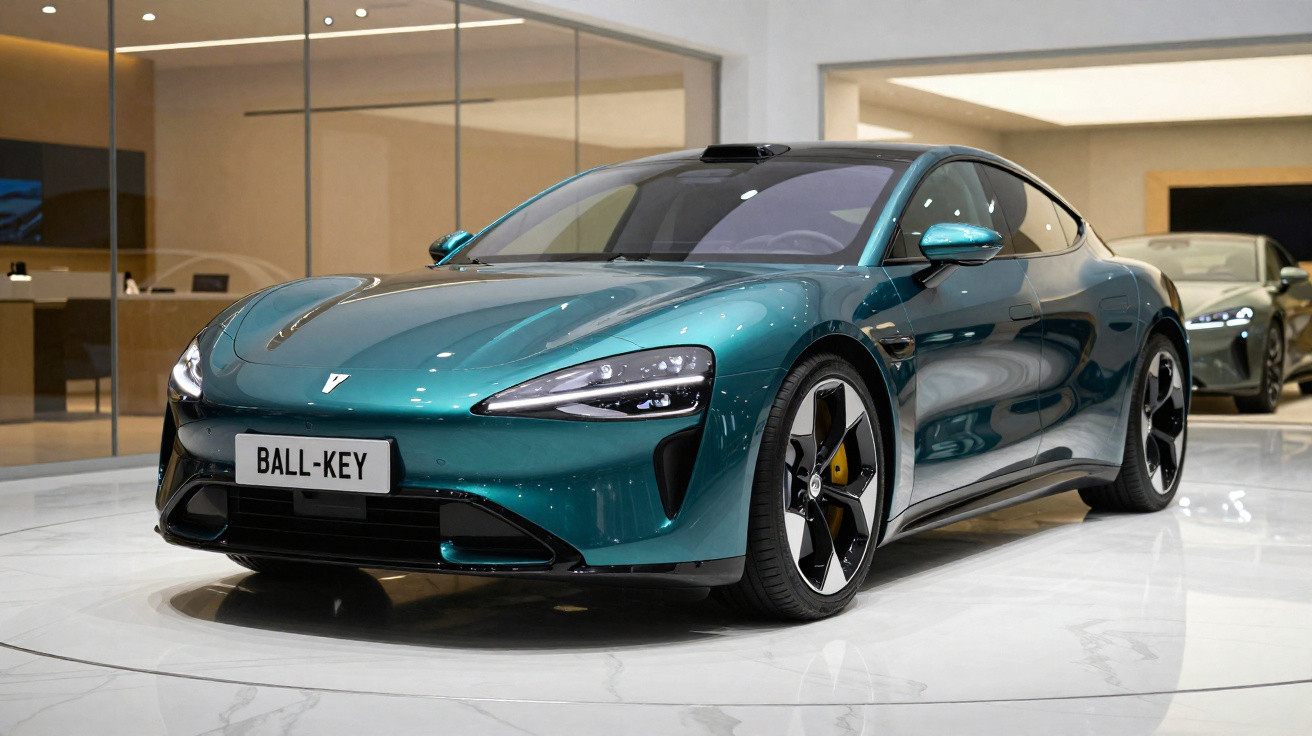 Carro desportivo elétrico verde metálico, com matrícula personalizada, exposto num espaço moderno e iluminado.