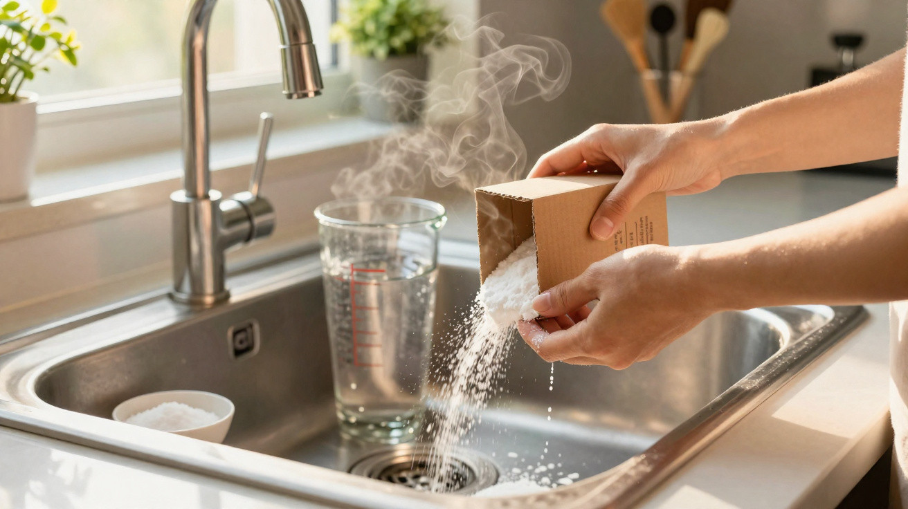 Pessoa a deitar bicarbonato para o ralo da pia da cozinha com vapor visível à volta.