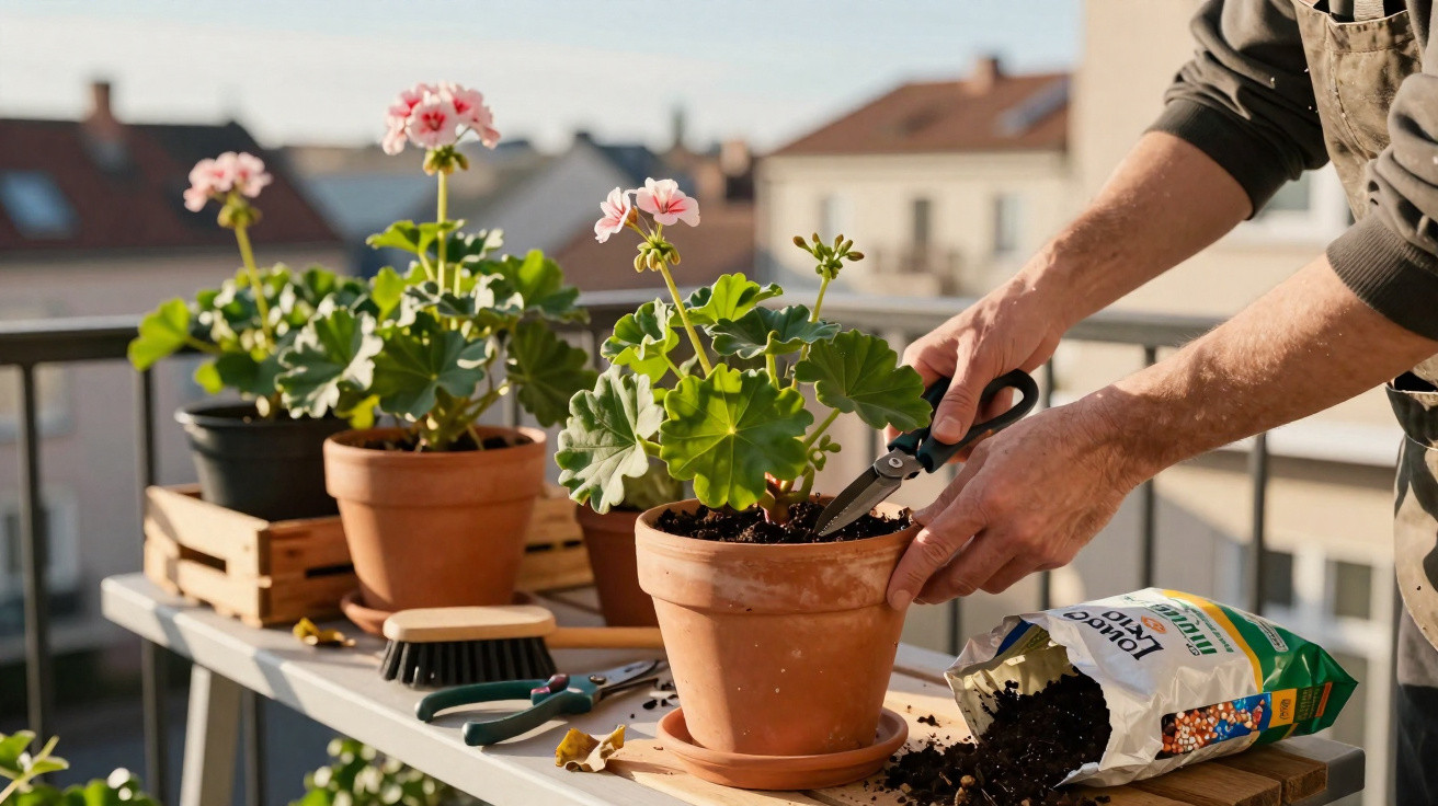 Pessoa a cuidar de uma planta com flores cor-de-rosa num vaso de barro num terraço ao sol.