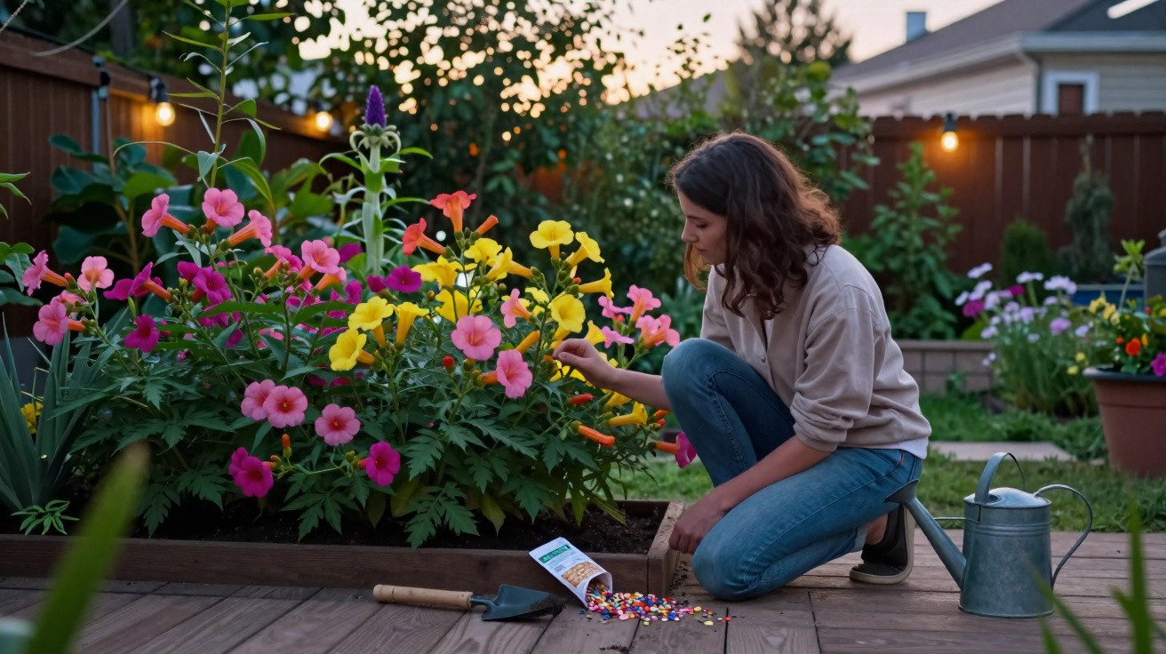 Mulher a cuidar de flores coloridas num jardim ao entardecer, com regador e ferramentas.