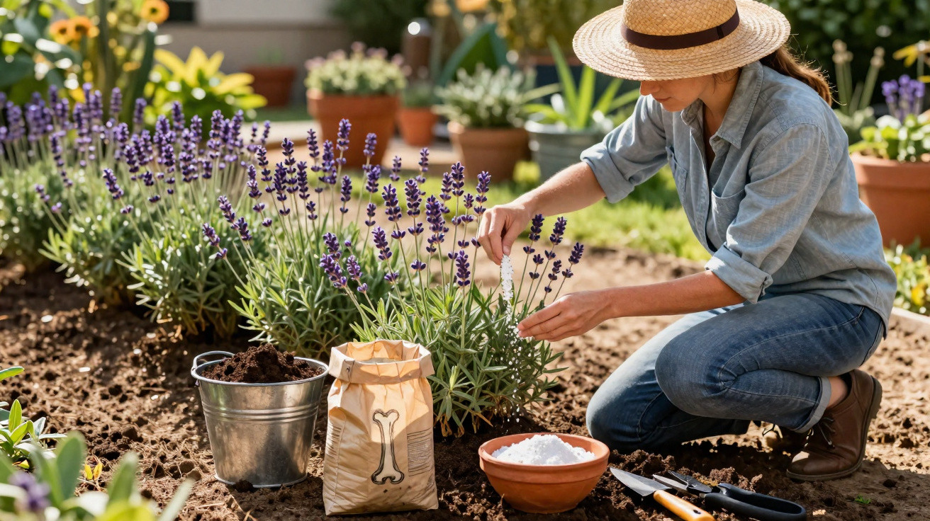 Mulher de chapéu a cuidar de plantas de lavanda num jardim soalheiro com ferramentas e adubo.