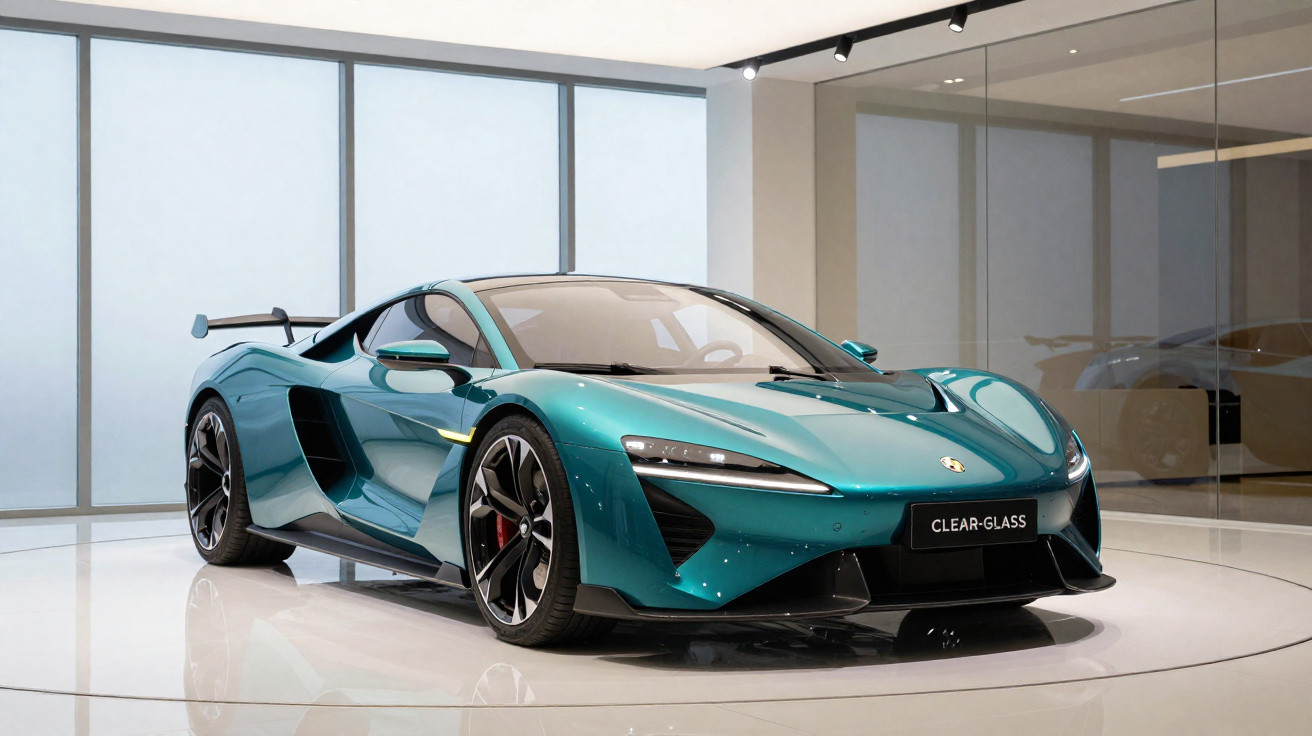 Carro desportivo azul metálico com linhas aerodinâmicas em exibição numa sala moderna e iluminada.