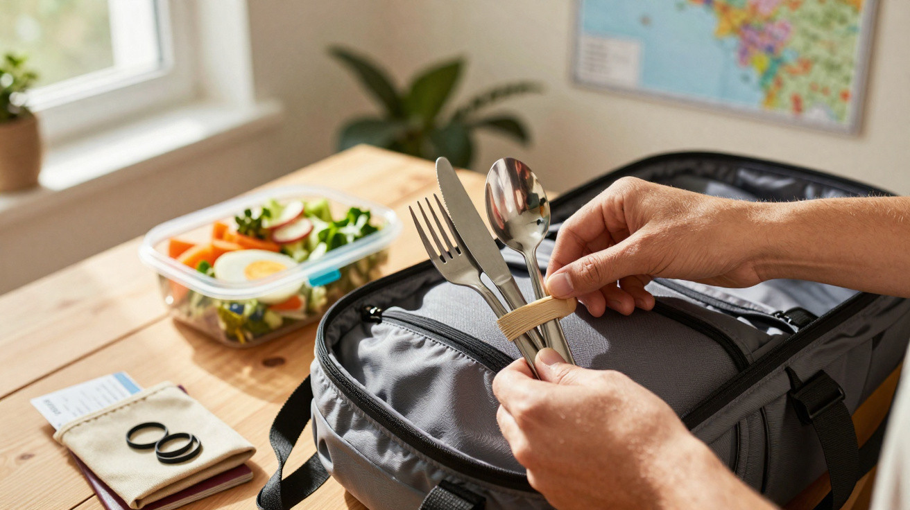 Mãos a guardar talheres numa bolsa cinzenta sobre mesa com marmita de salada e documentos ao lado.