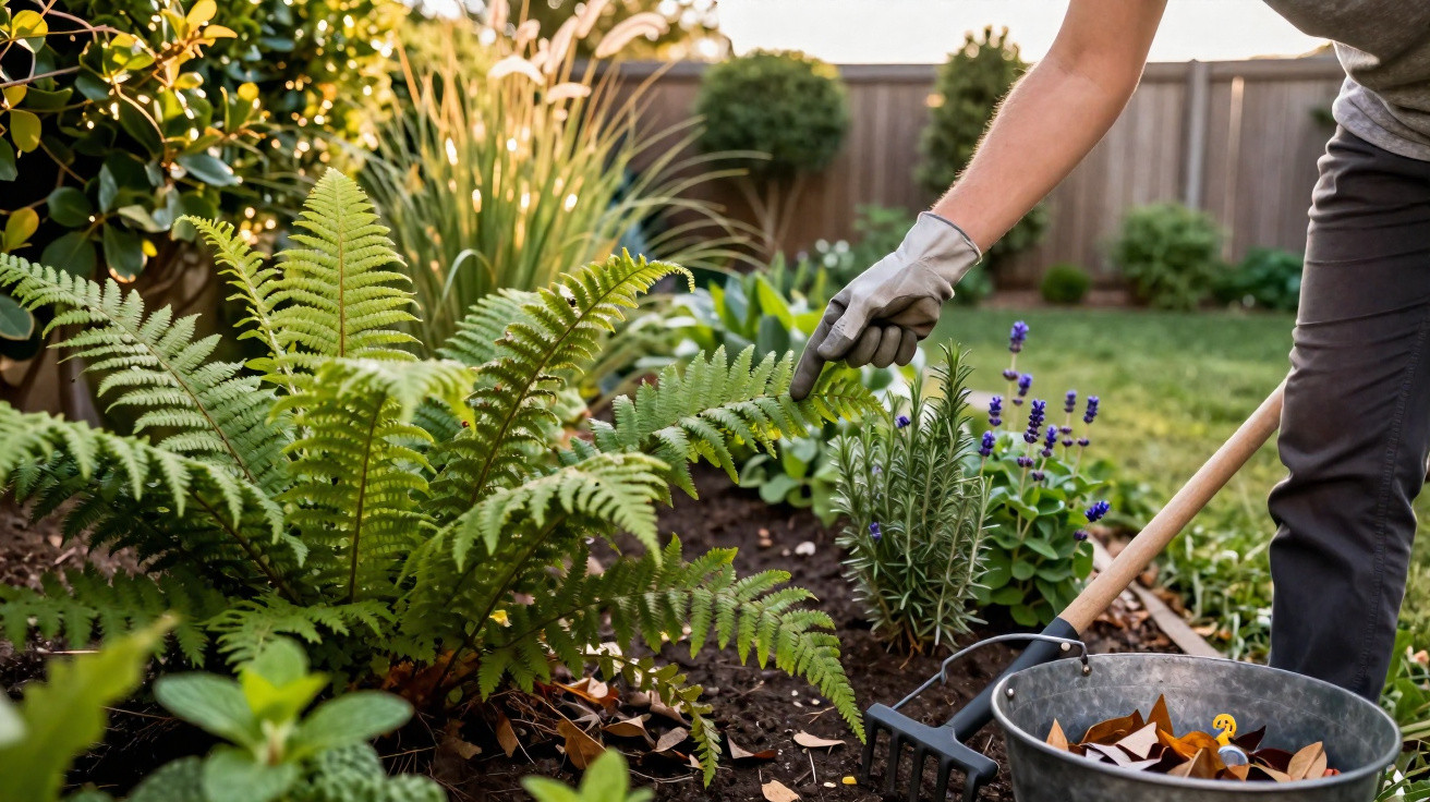 Pessoa a cuidar de plantas num jardim com luvas e ferramentas de jardinagem ao fim da tarde.