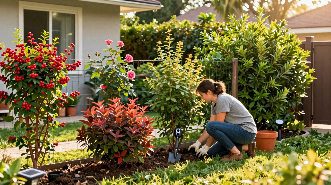 Pessoa a cuidar do jardim com plantas e flores ao lado de uma casa numa tarde soalheira.