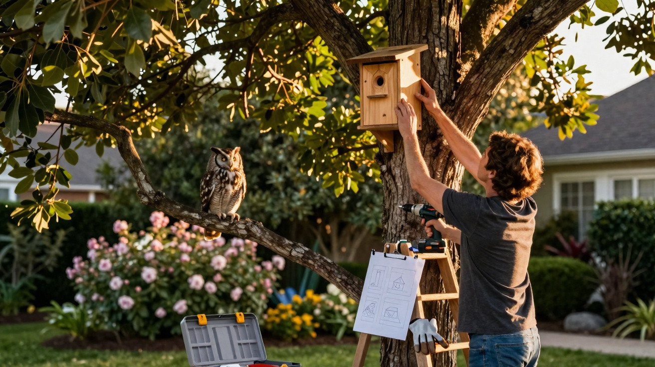 Homem a instalar casa de madeira para pássaros numa árvore no jardim, com coruja numa rama próxima.