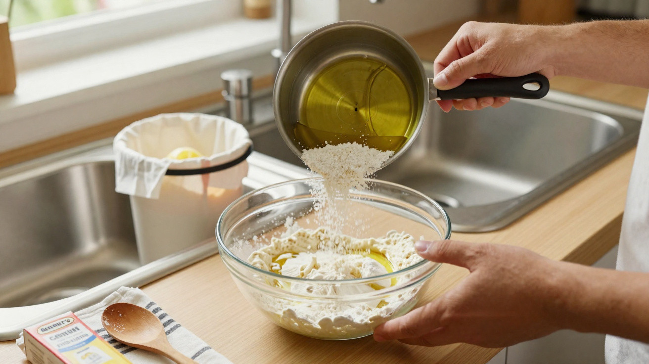 Pessoa a adicionar farinha numa taça com ingredientes para cozinhar, numa cozinha luminosa.