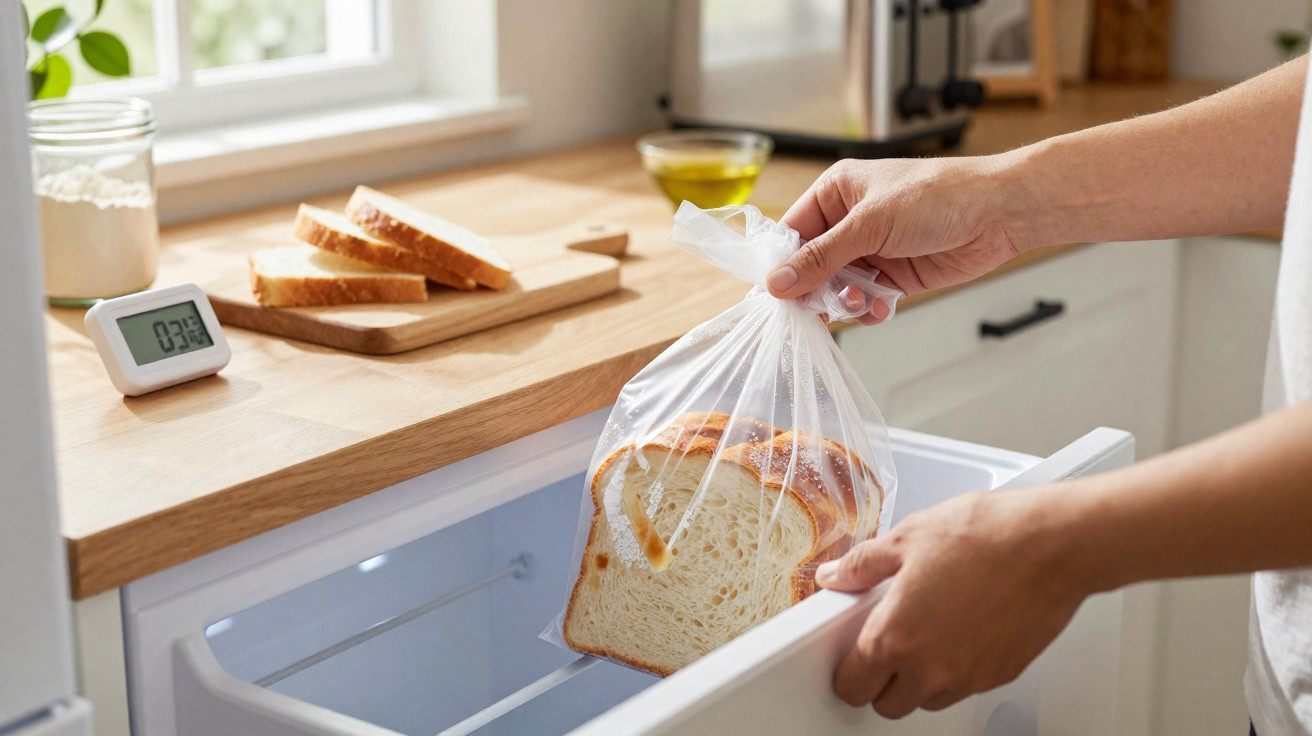 Pessoa a guardar pão fatiado num saco plástico no frigorífico de cozinha moderna.