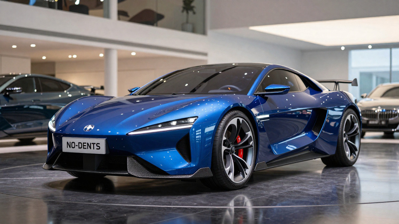 Carro desportivo azul metalizado em exposição com jantes prateadas e travões vermelhos.