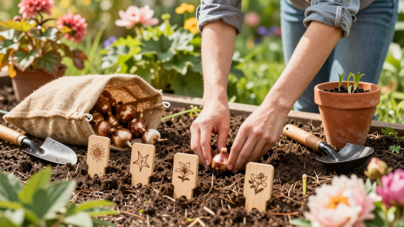 Pessoa a plantar bulbos numa horta com etiquetas de madeira e flores ao fundo.