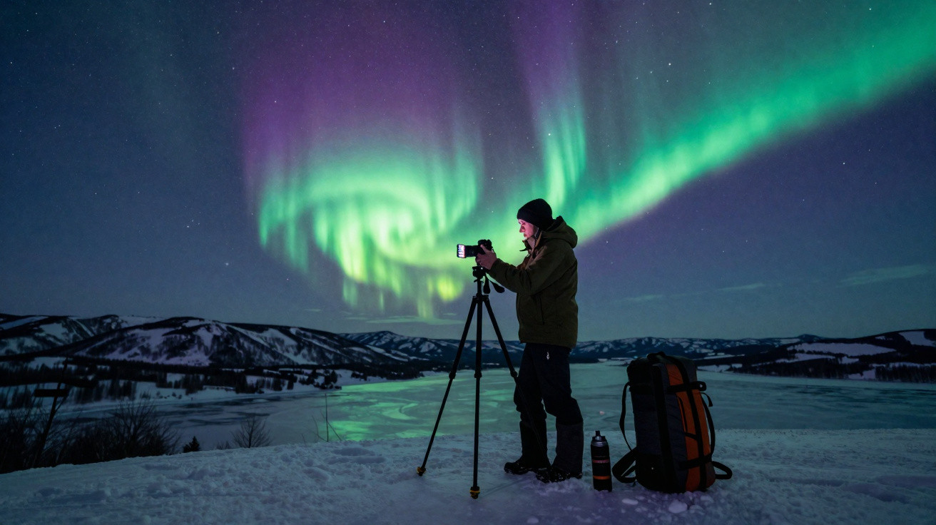 Pessoa a fotografar a aurora boreal com tripé em paisagem nevada durante a noite estrelada.