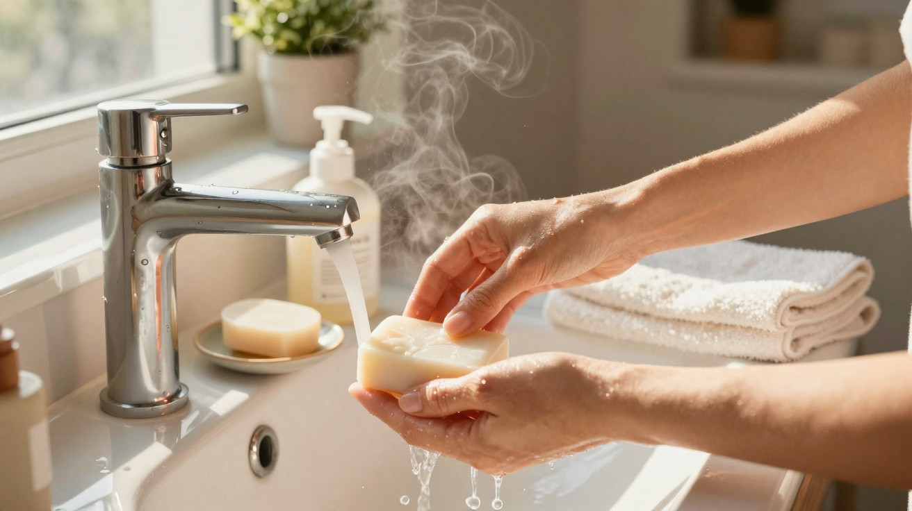 Mãos a lavar uma barra de sabão com água quente a sair de uma torneira num lavatório branco.