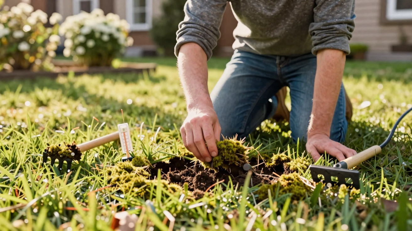 Pessoa a remover musgo do relvado num jardim com ferramentas de jardinagem ao lado.