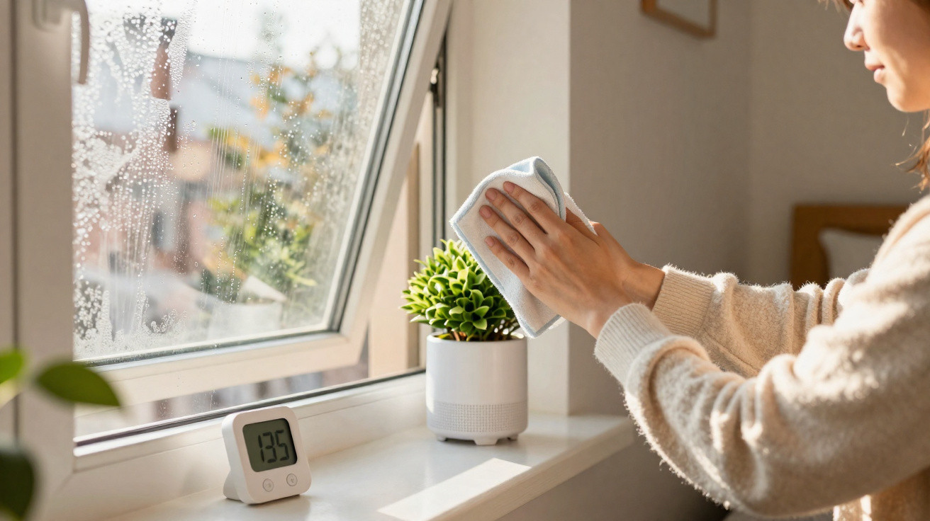 Pessoa a limpar folhas de planta artificial num peitoril de janela aberta com termómetro digital.