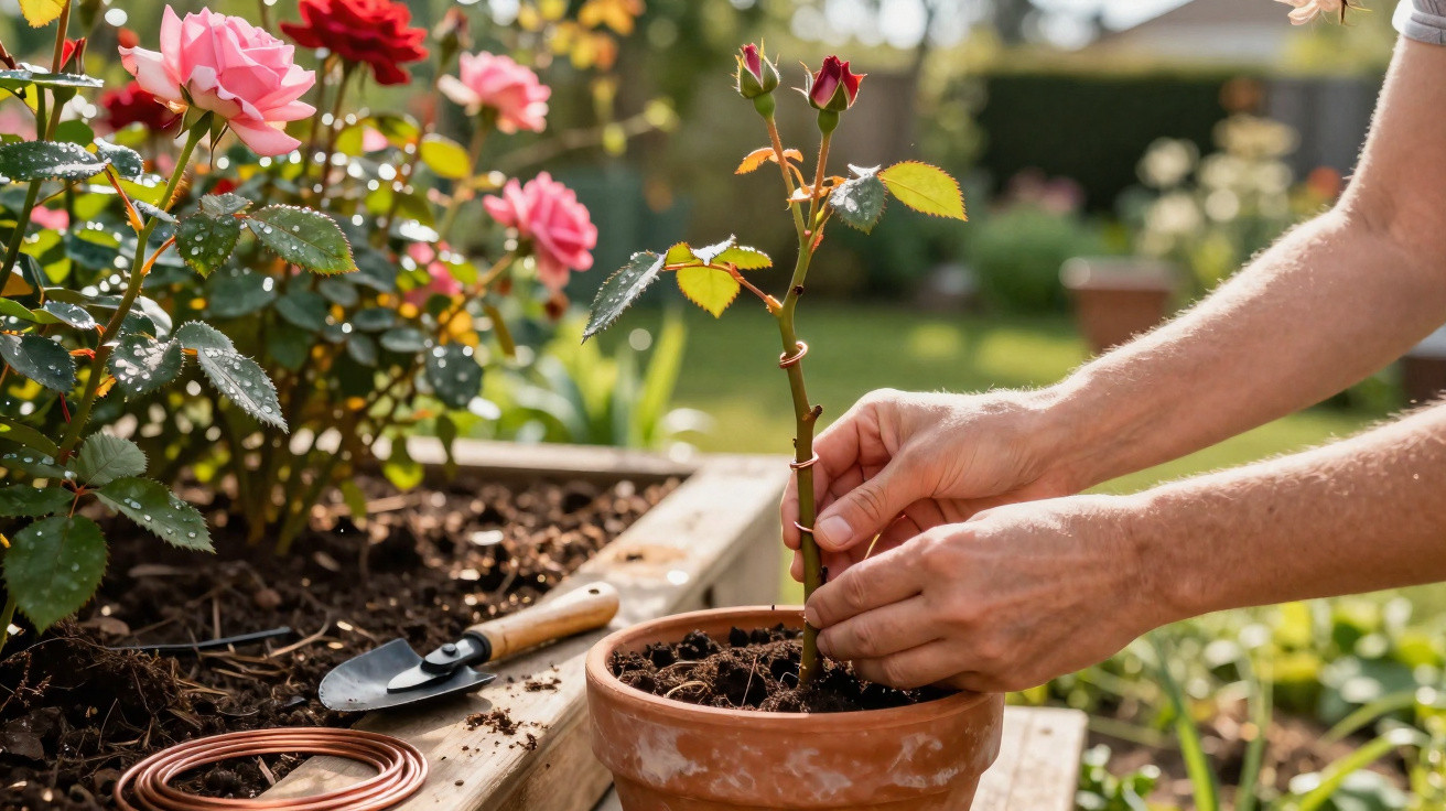 Mãos plantando uma muda de rosa num vaso de barro, ao lado de flores rosas e ferramentas de jardinagem.