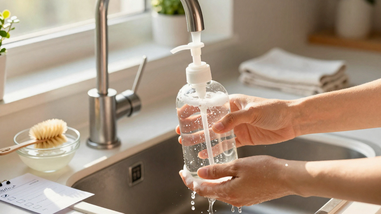 Pessoa segurando garrafa transparente com dispensador de gel ao lado de pia de cozinha.