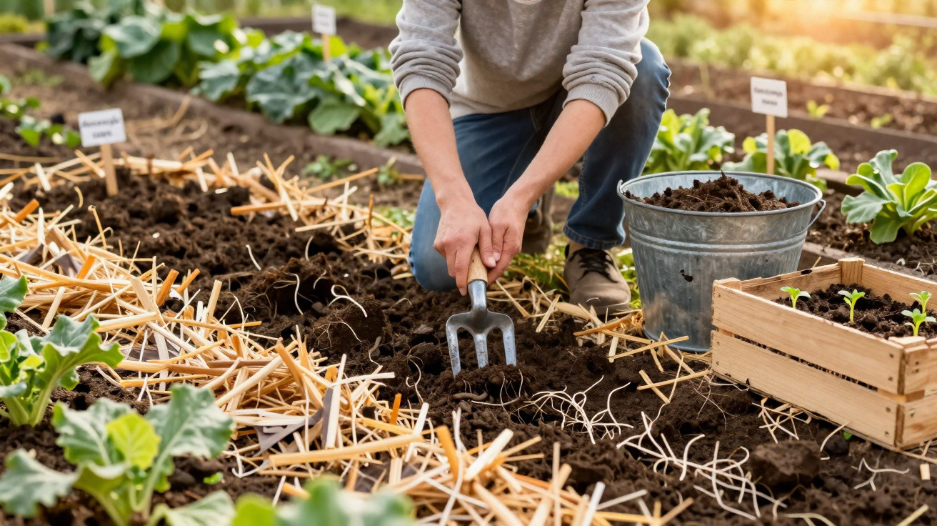 Pessoa a trabalhar numa horta, usando um garfo de jardinagem para preparar a terra à luz do sol.