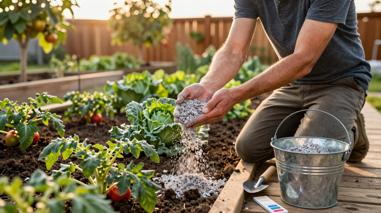 Pessoa a aplicar fertilizante em vaso de plantas de tomateiros em jardim com canteiros elevados.