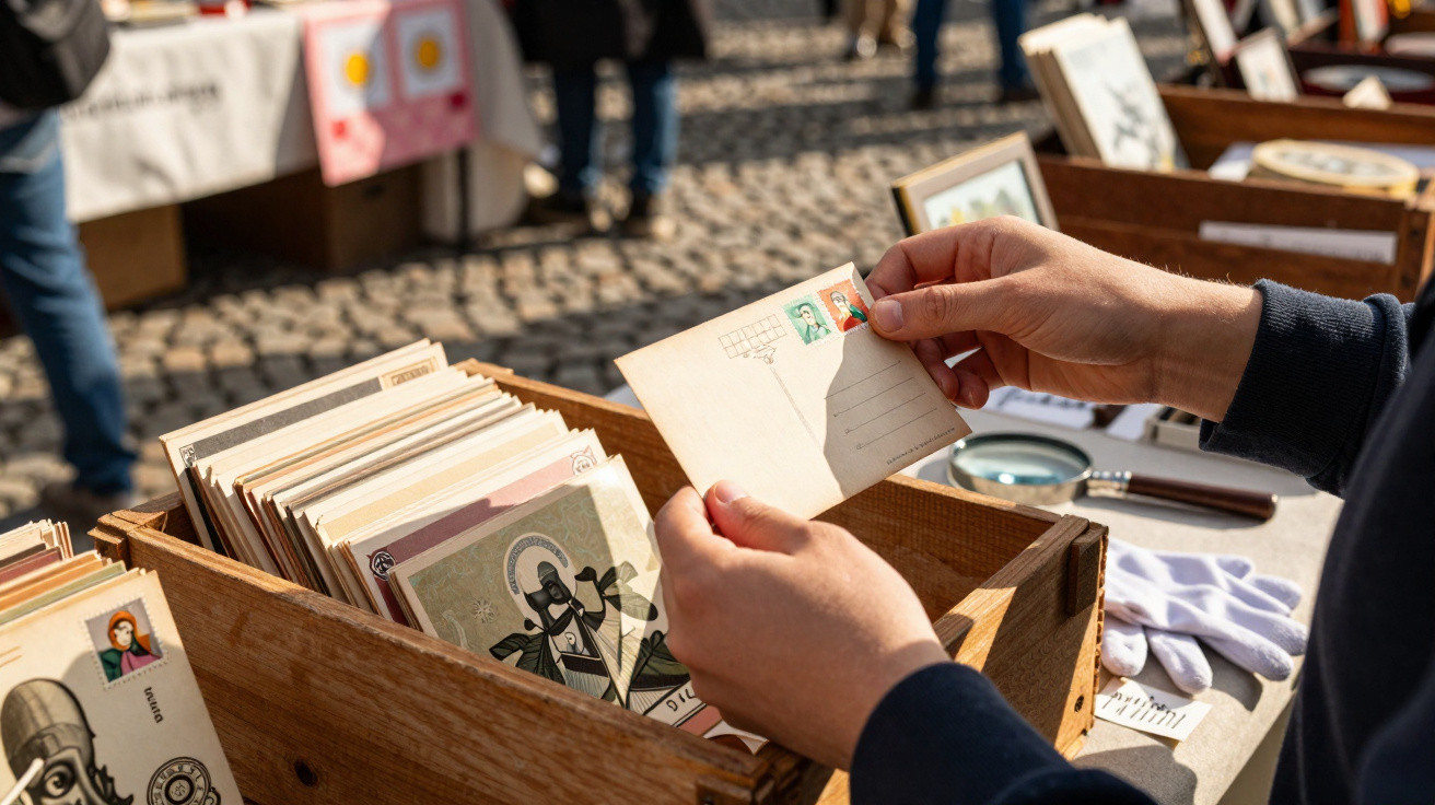 Pessoa a escolher um postal antigo numa feira ao ar livre com vários postais expostos numa caixa de madeira.