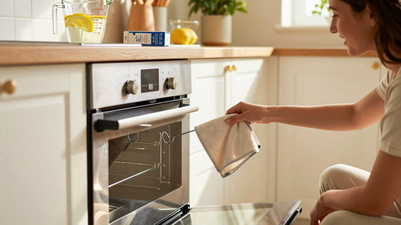 Mulher a usar um pano para abrir um forno de cozinha moderna, com jarro de limonada na bancada.