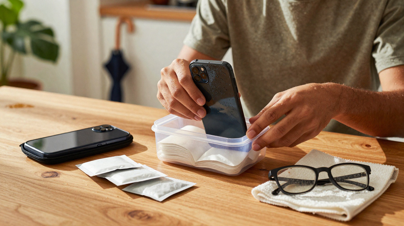 Pessoa a colocar telemóvel numa caixa com toalhetes desinfetantes sobre mesa de madeira com outro telemóvel e óculos.