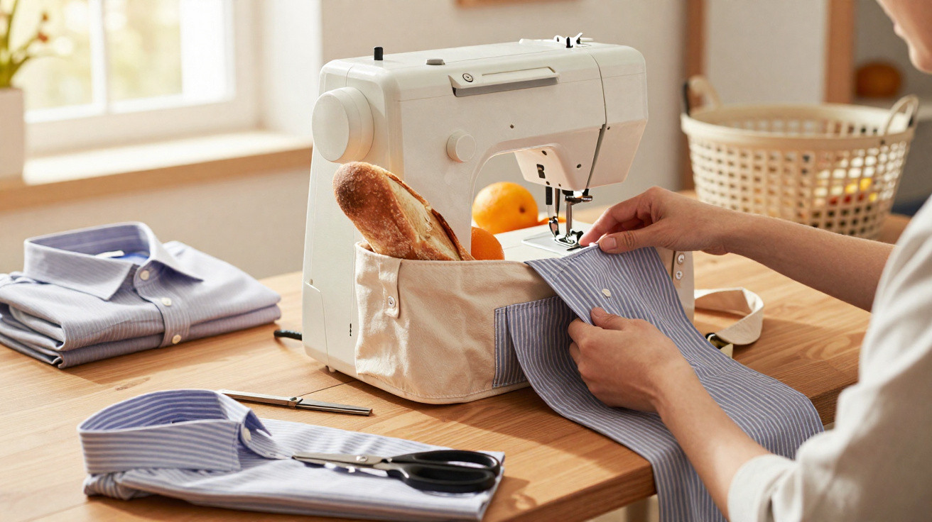 Pessoa a costurar uma camisa às riscas com máquina de costura numa mesa de madeira, com pão dentro da máquina.