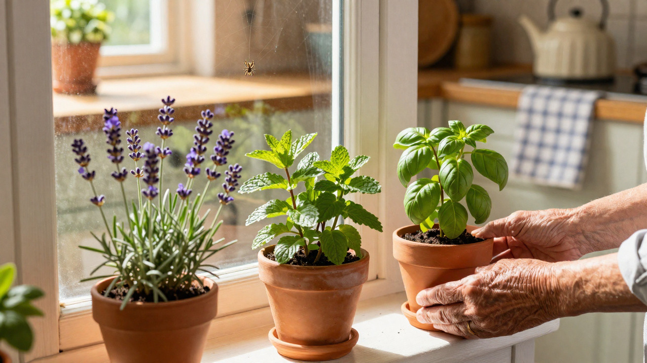 Mãos cuidam de manjericão num vaso junto a uma janela com luz natural e outras plantas aromáticas.