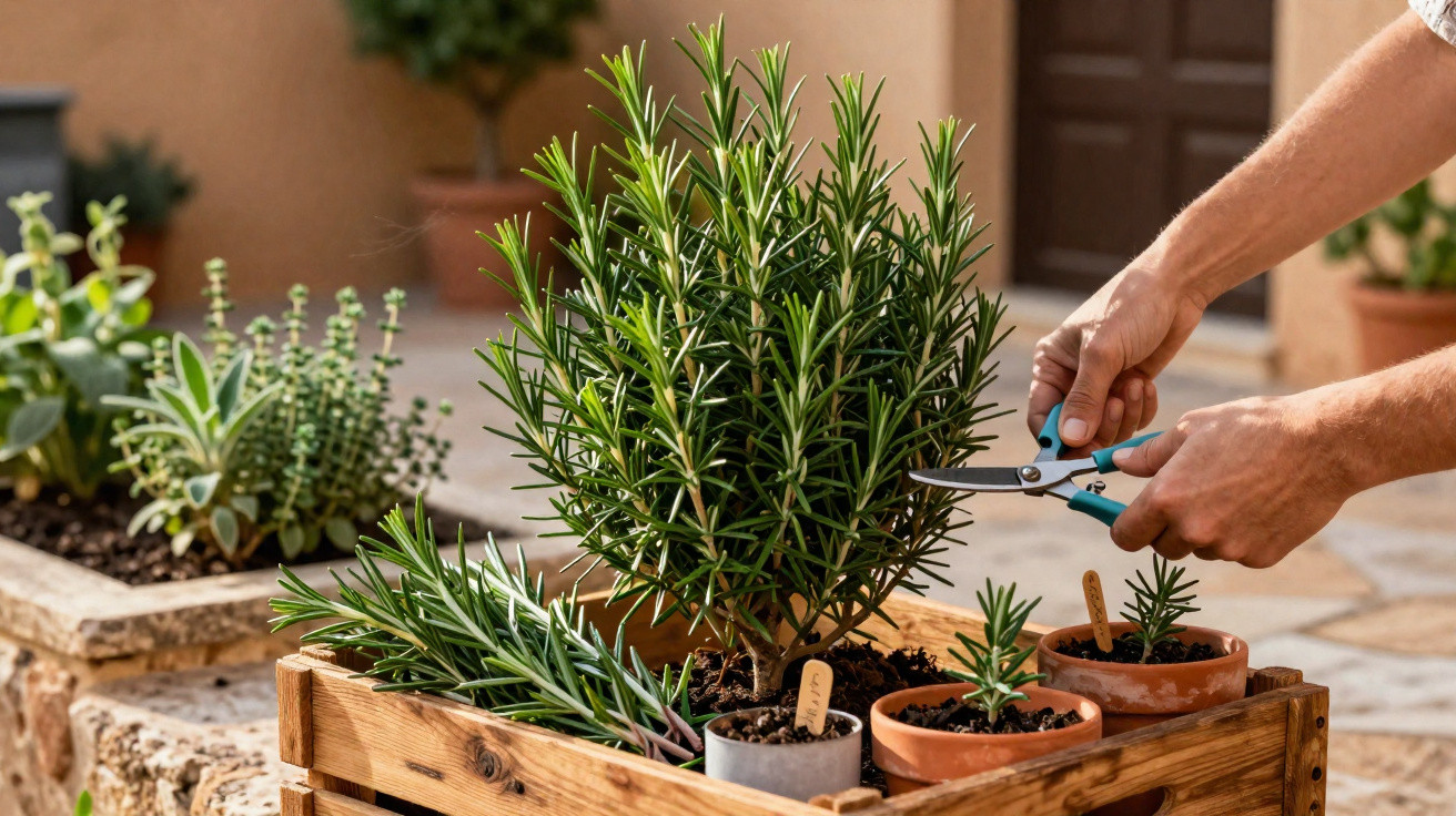 Pessoa a cuidar de plantas aromáticas numa varanda com tesoura de jardinagem.