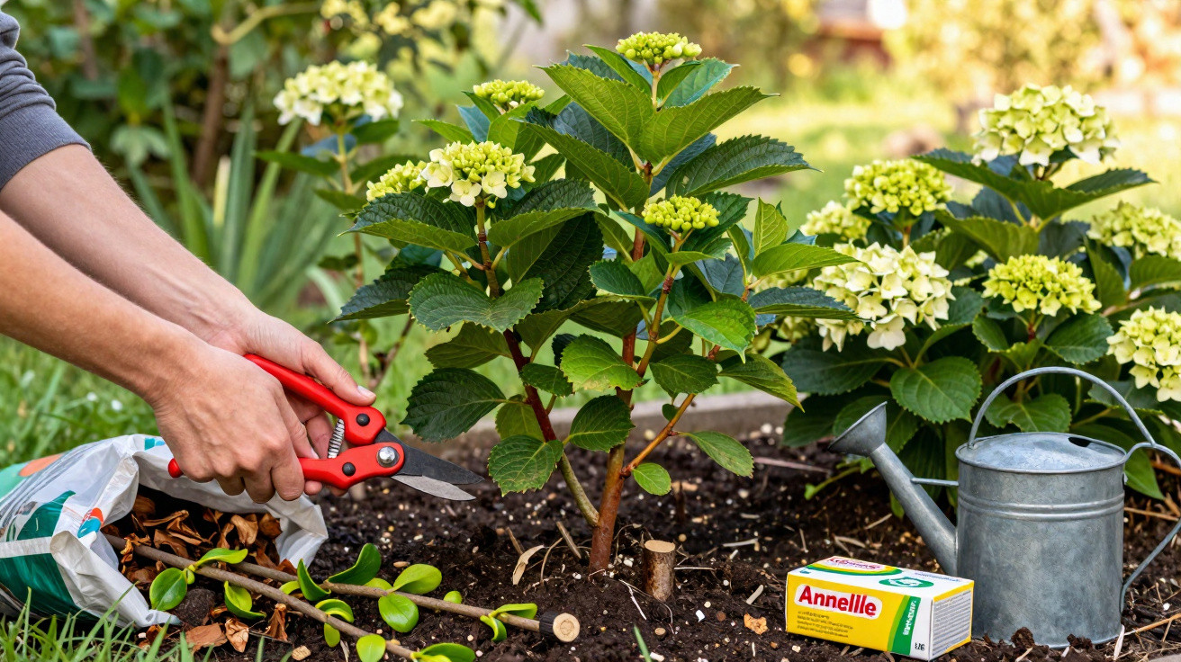 Mãos com tesoura de poda a cortar ramo seco perto de plantas, regador e caixa de medicamentos no jardim.