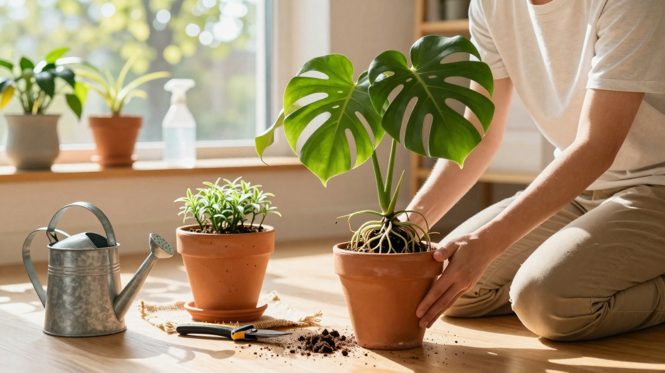 Pessoa a cuidar de plantas em vasos de barro junto a regador e ferramenta de jardinagem num chão de madeira.
