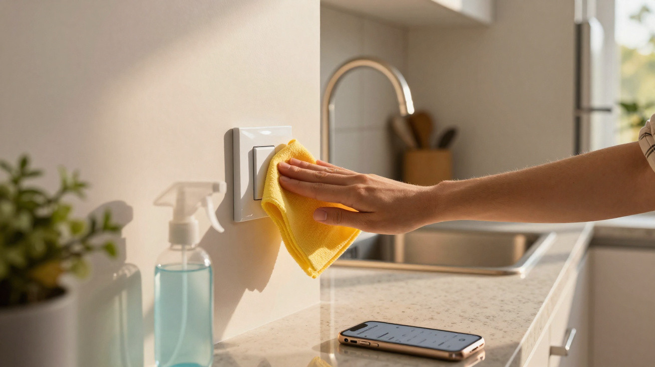 Pessoa a limpar interruptor de luz com pano amarelo numa cozinha moderna e luminosa.