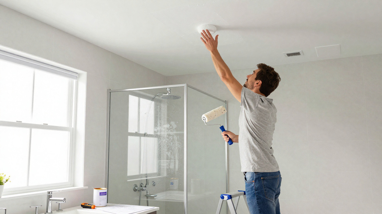 Homem em escada a pintar o teto branco de uma casa de banho moderna com rolo.