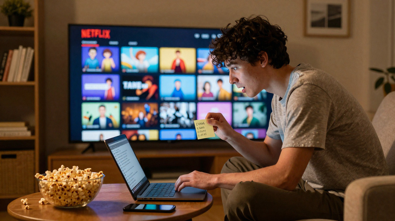 Jovem sentado no sofá com portátil e bloco de notas, à frente de TV com Netflix e tigela de pipocas.