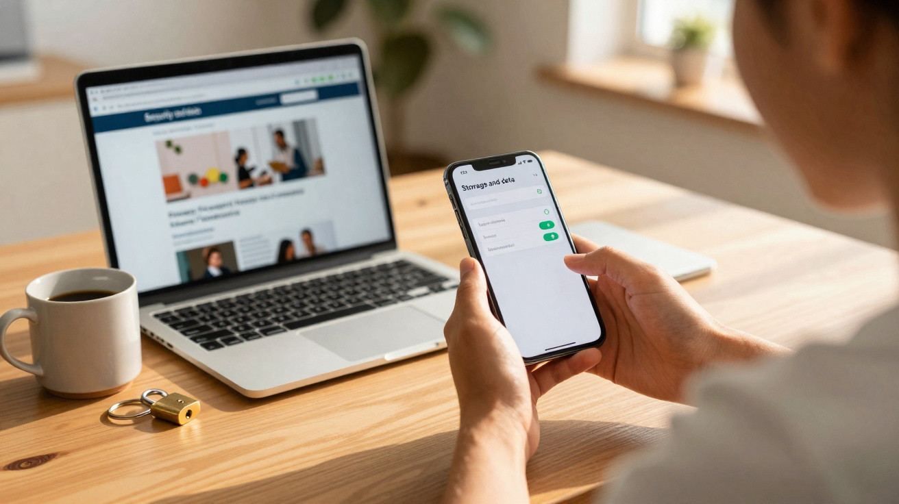 Pessoa a usar telemóvel para ativar definições de segurança, com computador portátil e cadeado sobre a mesa.