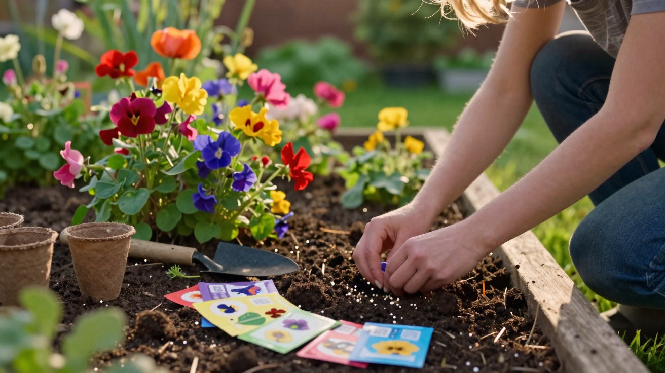 Pessoa a plantar sementes em solo de jardim com flores coloridas e pacotes de sementes ao lado.