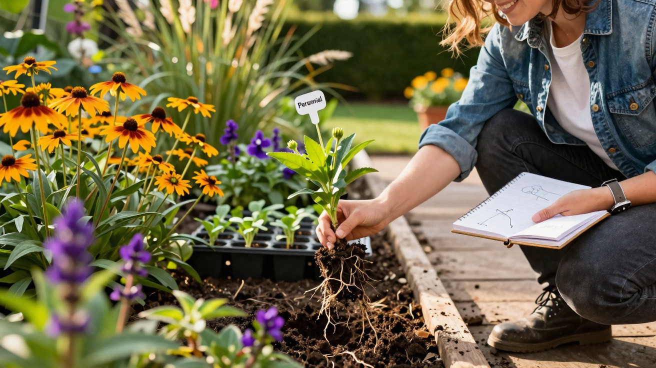 Pessoa a plantar uma muda de planta com etiqueta "Parnoni" num jardim com flores coloridas.