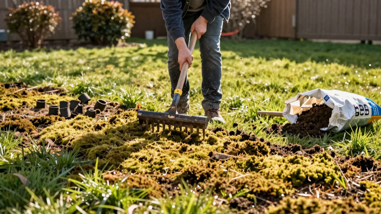 Pessoa a usar um ancinho para preparar o solo num jardim com saco de fertilizante aberto ao lado.