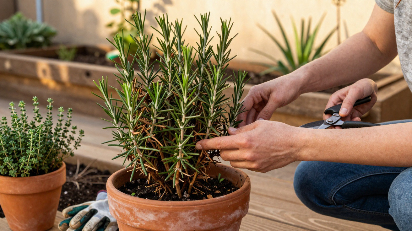 Pessoa a podar alecrim em vaso de barro numa varanda com luvas e outra planta ao lado.